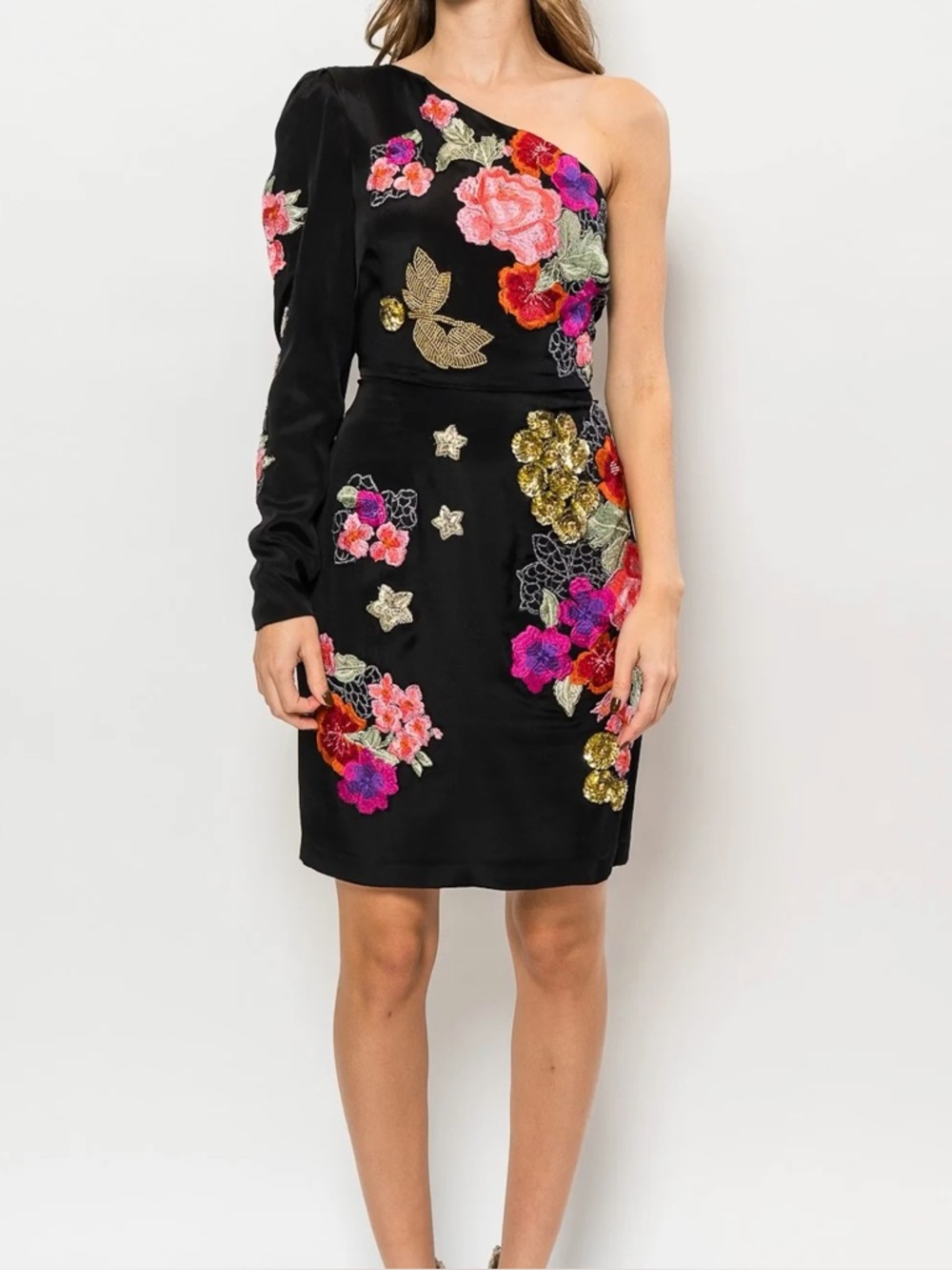 Nicole Miller Collection Silk One-Shoulder Floral Embroidered Dress